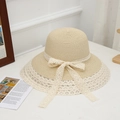 Beige wide brim straw sun hat with delicate white lace ribbon and bow decoration - Three Circle Lace Beige