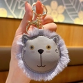 Handheld gray plush lion head keychain with leather face and gold metal ring - Blue Cat