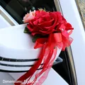 Wedding car mirror flower decoration with red roses and ribbons size 15x40cm - Red