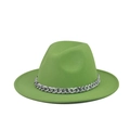 Detail of green fedora hat featuring a marble textured chain link band on flat brim - Grass Green