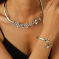 Silver flower choker necklace and open bangle set with delicate crystal accents for women - Silver Rhinestone Flower Set (Choker + Bracelet)
