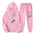 Survêtement rose en polaire avec sweat à capuche motif pissenlit et pantalon à cordon - S / Haut Et Bas / Rose (Style 2)