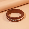 Detailed view of dark brown wood square bracelet with inlaid silver metal square patterns - Bangle-Coffee