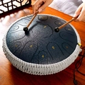 Deep blue steel tongue drum with golden scales, braided rope decor and wooden mallets - 13 Inch 15 Notes - Obsidian Black - Maple Leaf