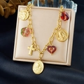 Bracciale a catena vintage placcato oro con monete d'angelo, croce e ciondoli a cuore - Collana (N3980)