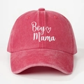 Close-up of white Boy Mama embroidery and heart detail on washed pink baseball cap - One Size / Watermelon red
