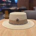Beige two-tone flat top straw boater hat with metallic flower and silver sequin band - Apricot Beige (Plum Blossom Flat Top Straw Hat)