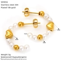 Elegant 18k gold plated stainless steel C-shaped earrings with pearls and heart beads - Heart Style (SE905G)