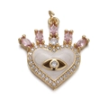 Detail of gold crown heart pendant with pink crystals and evil eye enamel design - Crown White Heart Evil Eye