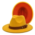 Detail of wide brim fedora hats with leather belt strap and two-tone contrast design - M(56-58cm) / Yellow and Red