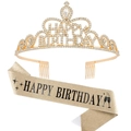 Sparkling gold birthday set with rhinestone HAPPY BIRTHDAY tiara and glitter sash - Set / Gold Set (Style II)