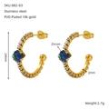 Vintage style 18k gold plated stainless steel C-shaped earrings with blue square zircon - Blue Zircon