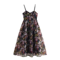 Bloemen organza jurk met spaghettibandjes, hartvormige halslijn en een uitlopende rok - XS / Zwart