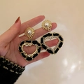 Golden heart earrings with pearl studs, woven black ribbon, and crystal accents - Gold Black Woven Heart Pearl Style