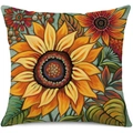 Linen sunflower oil painting pillow case with vibrant yellow colors on a white background - 45x45cm Pillow Cover / Rich Oil Painting Large Sunflower-4 (24ym0756-4)