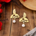 Golden fan-shaped earrings with pearls and rhinestones in a vintage Chinese style - E5520-1/Gold Fan Rhinestone