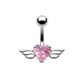 Piercing de nombril en argent avec un zircon rose en forme de cœur et pendentif d'ailes - Argent/Zircone Rose