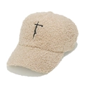 Detailed close-up view of cream sherpa baseball cap with black embroidered faith cross - M(56-58cm) / Beige