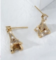 Golden Eiffel Tower earrings with white cubic zirconia crystals on white background - Gold