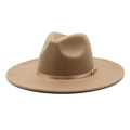 Detail of camel wool fedora hat featuring a gold metallic buckle strap and flat brim - M (56-58cm) / Deep Purple Grey
