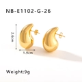 Polished 18K gold-plated teardrop stud earrings in stainless steel, size 2.6cm by 1.9cm - 26mm / Hand Polished / Hollow / Gold