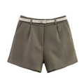 Women casual olive green shorts with white belt and side pockets in a minimalist office style - XS / Olive Green