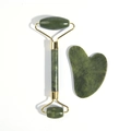 Natural jade facial roller and heart-shaped gua sha tool set with golden metal connectors - Dark Green Grade A Roller And Heart Board