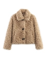 Giacca da donna in ecopelliccia color kaki beige con revers e bottoni neri, vista piatta - S / Cachi