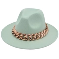 Detailed close-up of mint green fedora hat featuring a chunky rose gold chain decoration - Mint Green
