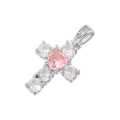 Close-up of silver cross pendant with pink heart zircon and white gemstone accents - Cross Silver Pink Zircon