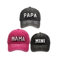 Three-piece family baseball cap set in grey and rose pink with PAPA MAMA MINI patches - Family Set (PAPA+MAMA+MINI) / Black/Red/Black