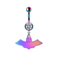 Close-up of rainbow metal navel ring featuring a gothic bat pendant and zircon - Rainbow Bat