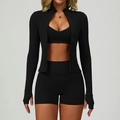 Set yoga nero da 3 pezzi con giacca con zip, reggiseno sportivo e pantaloncini a vita alta - S / Top E Pantaloni / Nero Premium