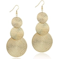 Three-tier gold layered disc drop earrings with textured hammered finish on white background - Triple Tier Round Disk Earrings / Gold