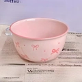 Cute pink ceramic bowl featuring elegant pink ribbon patterns on a newsprint background - 4.5 Inch Bowl - Pink Bow - 1pc