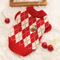 Pull de fête à carreaux rouges et blancs avec broderie cerise pour petits chiens et chats - Cerise Mignonne / XS (Poids recommandé 0,5-1,5 kg)