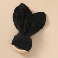 Natural wood teething ring with black rabbit ear cotton fabric for infant sensory play - Pure Black
