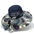 Women's blue crochet straw hat with colorful floral brim and a decorative ribbon bow - M (56-58cm) / Navy Blue (Large Flower)