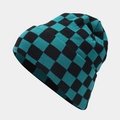 Detail of green and black checkered knit beanie showing the thick warm texture - Black and Green Grid