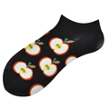 Socquettes noires en coton avec motif de tranches de pommes rouges et bords côtelés - 36-44 / Pomme Réaliste sur Fond Noir