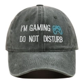 Detailed view of the gaming theme embroidery on a vintage grey washed cotton baseball cap - Army Green