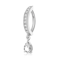 Silver stainless steel belly button ring with white zircon stones and pear pendant - Silver Curved Bar with Pendant