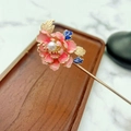 Elegant gold flower hair pin with pink enamel petals, white pearl and long tassel - Peony