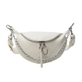 White crescent saddle bag with metallic chain detail and CH RIMATE print for women - Off-white