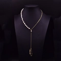 Long Y-shaped gold chain necklace with freshwater pearls and a creative safety pin pendant - Paperclip Baroque Asymmetric Long Chain