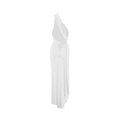 Detail view of the open-back design and ruched waist on this white one-shoulder dress - S / White