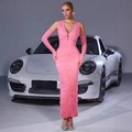 Pink ruched bodycon dress with matching arm sleeves and high side slit detail - S / Pink