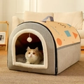 Halbgeschlossenes Katzenhaus mit geometrischem Druck, grauem Stoff und Plüschrand - Für Kätzchen (Unter 2,5 kg) / Gelb
