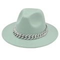 Detailed view of mint green fedora hat with a silver rhinestone cuban link chain strap - Mint Green