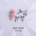 Macro detail of silver ribbon bow nail charms with MZH-8026 model and 9x14mm size labels - Silver Large Bow Style (8026)